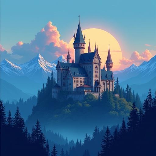 Majestic fantasy castle sits atop a scenic hill surrounded by mountains. The blue sky is visible, and the sunset casts warm colors. Forests frame the castle, enhancing its grandeur. Large and small stone bridges lead to a lake nearby with picturesque waterfalls.