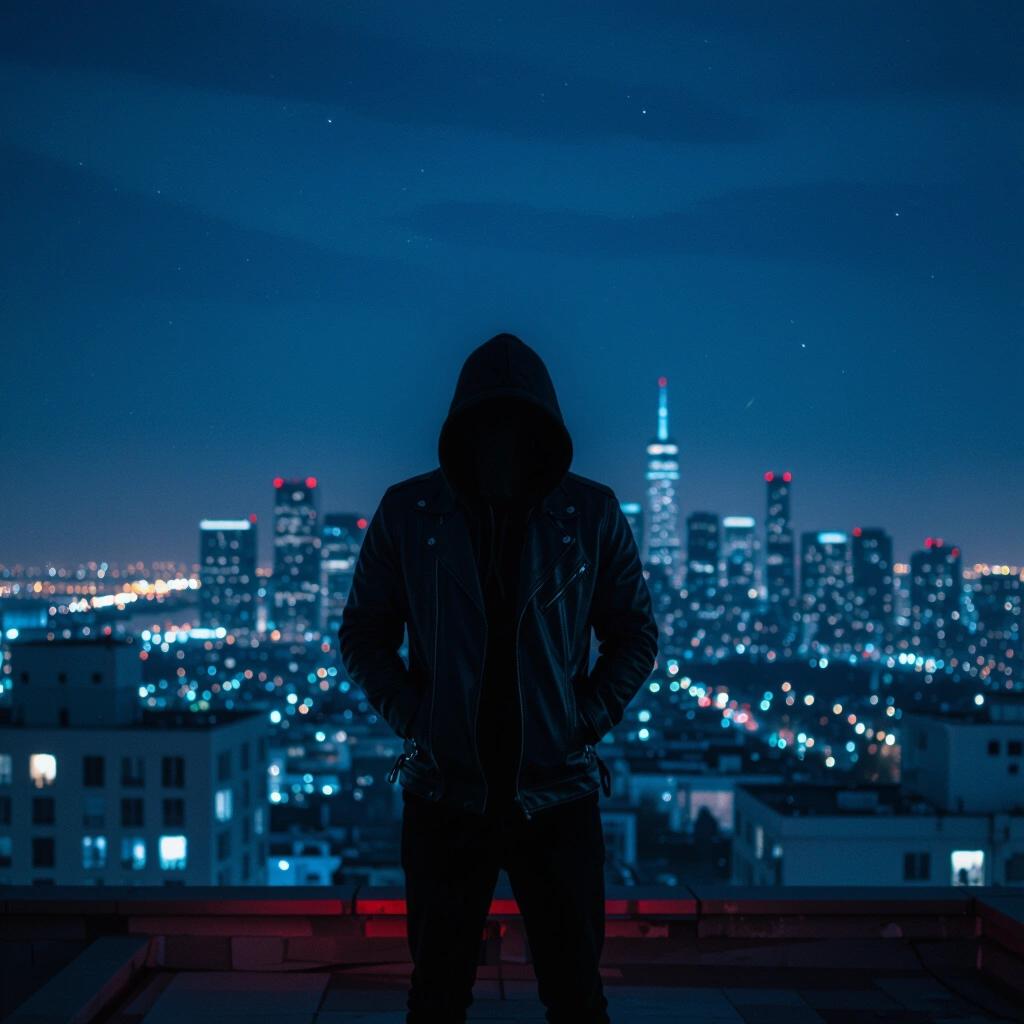 Hooded figure on rooftop at night with city skyline. No billboards. Deep blue shadows and hint of red underglow. Wind blowing jacket slightly.