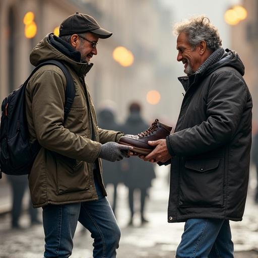 Two men engage in an exchange of footwear in an urban setting. The scene is illuminated by street lamps. Background shows a bustling street environment.