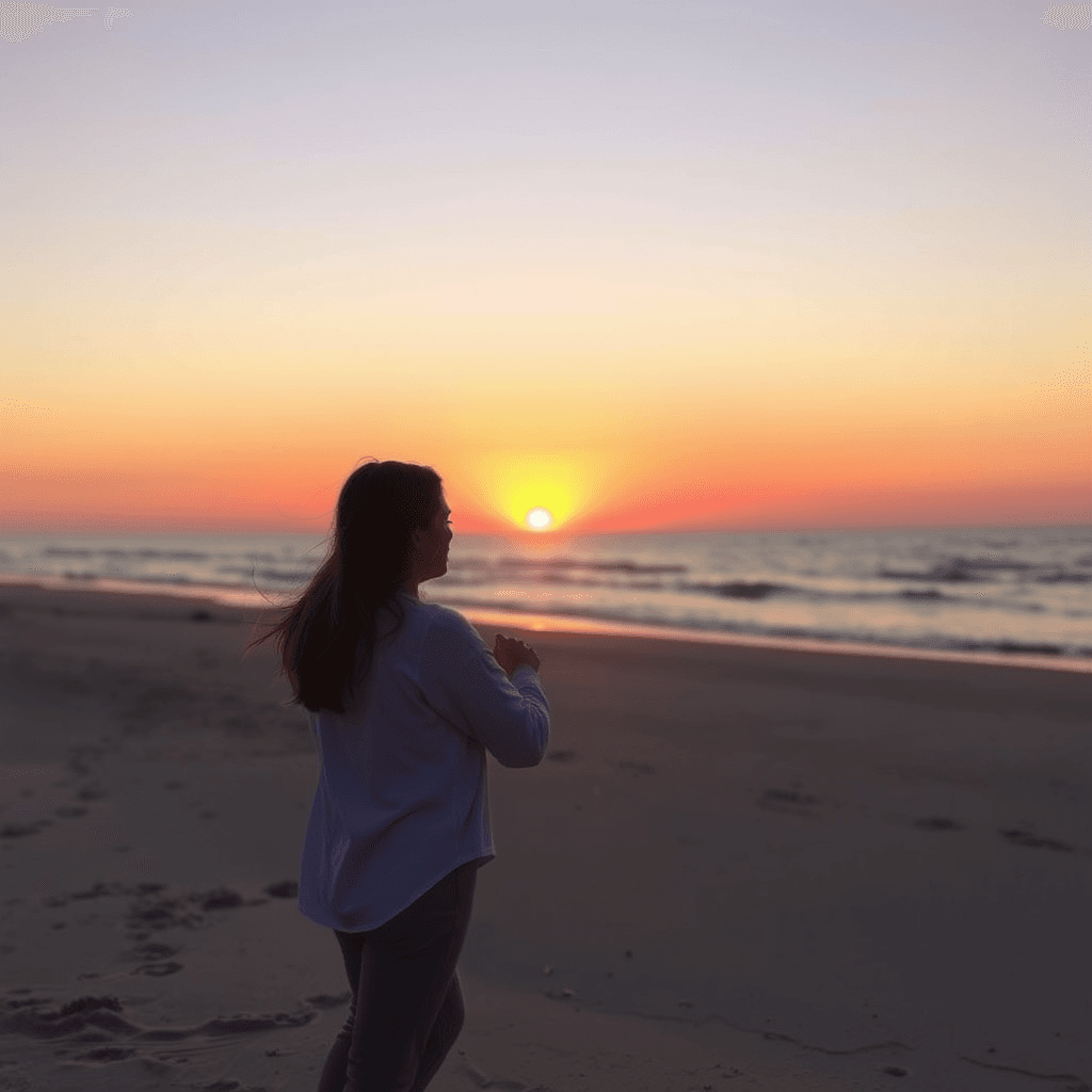 A person stands on a beach watching a vibrant sunset over the ocean.