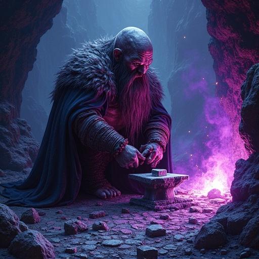 Pointillism artwork features a malevolent dwarf artificer in Darkforge. Near an anvil, the dwarf hammers steel with plans for evil creations. The atmosphere is thick with a purple aura of chaos. The dwarf chuckles ominously.