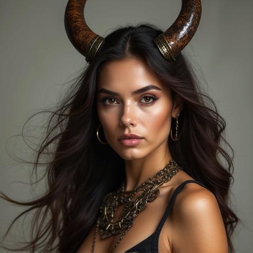 Create an image of a strong confident woman in tribal-inspired fantasy attire. She has large horns on her head and flowing long hair. The background is minimal to focus on her strength and mystery.