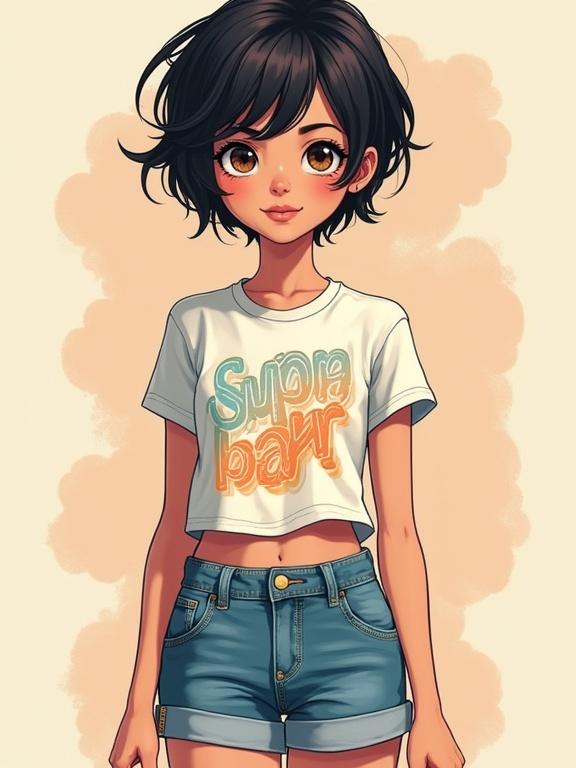Upper body portrait of a teenage girl. She wears a trendy graphic t-shirt. The girl has short dark hair. She is depicted in denim shorts. The background has a trendy style. The artwork uses soft and diffused lighting.