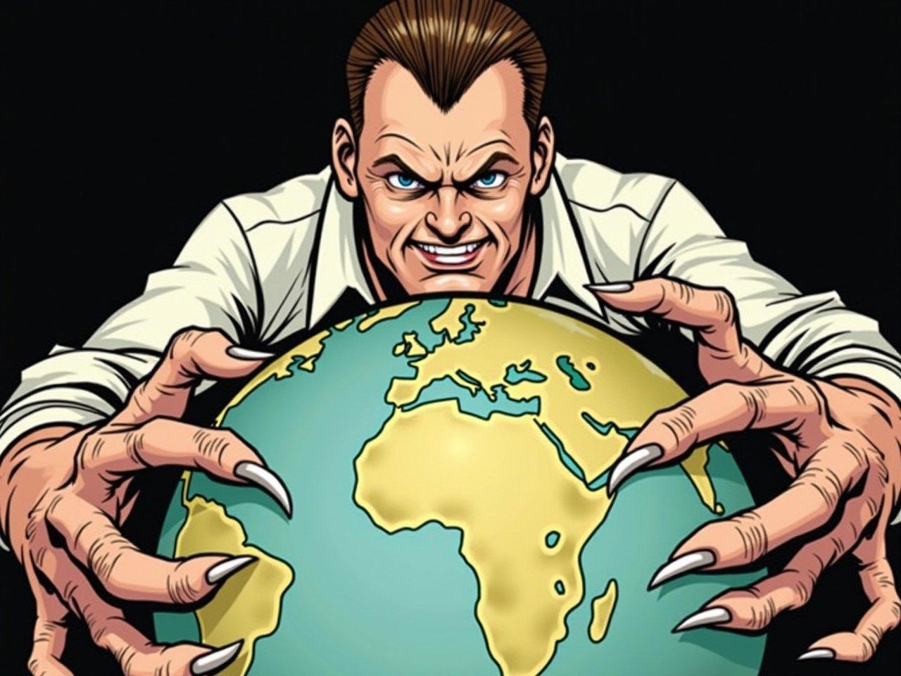 This illustration depicts a man with a distinct hairstyle, characterized by a short, slicked-back look. He is leaning over a globe, gripping it with large, exaggerated hands that have long, claw-like fingers. The expression on his face is one of intense focus or aggression, as if he is trying to exert control over the globe. The background is dark, highlighting the figure and the globe itself. The globe appears to have some geographical markings, emphasizing the world map, suggesting a theme of conquest or domination.