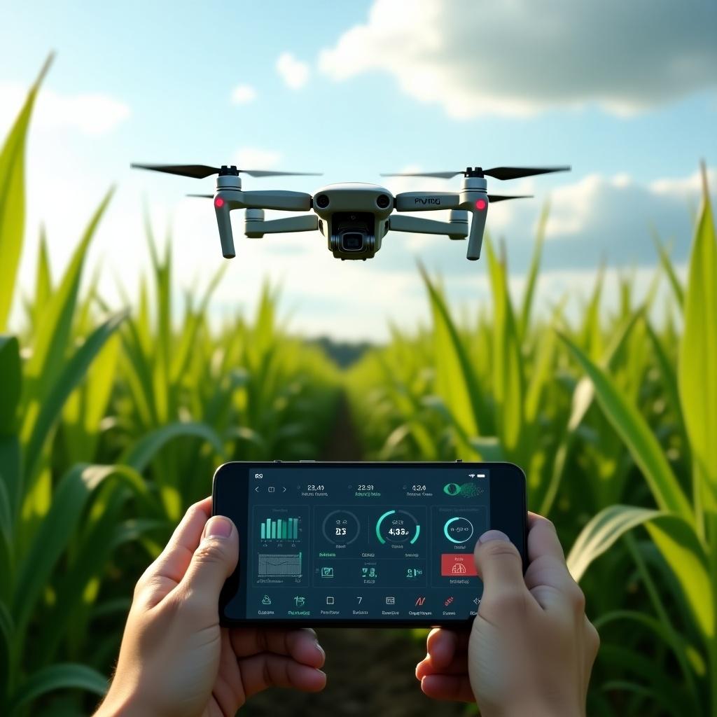 Drone hovers over green field. Advanced AI interface on control screen. Displays crop yield, health metrics, moisture levels. Tall plants swaying in wind. Bright sunny sky with clouds. AI dashboard shows growth rate, disease detection. Drone captures bird's-eye view of landscape.