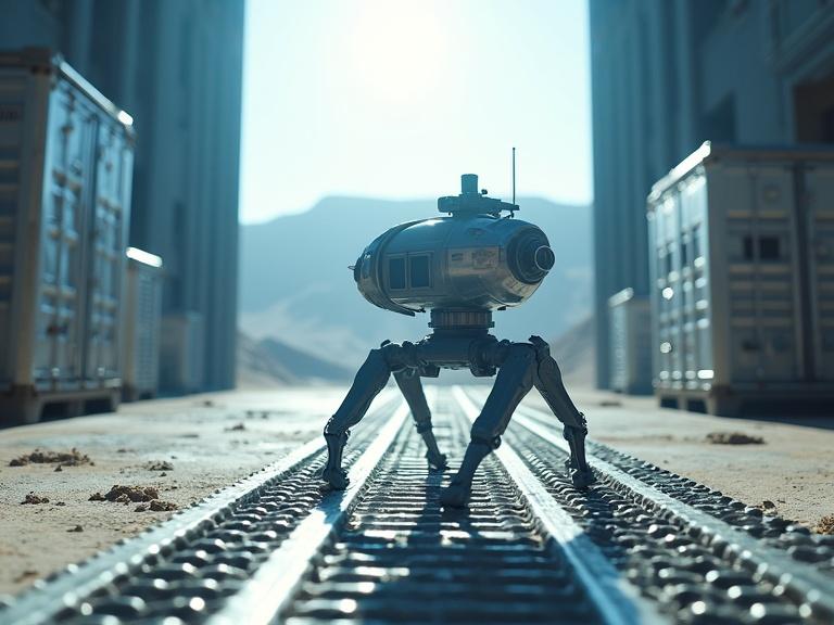Robot stands on dusty railway in the desert. Silver metal crates surround the area. Bright sunlight emphasizes features. High contrast shadows create dramatic atmosphere. 4K resolution captures every detail.