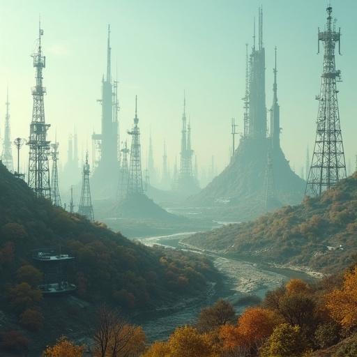 Landscape filled with numerous antennas. Futuristic and photorealistic style.