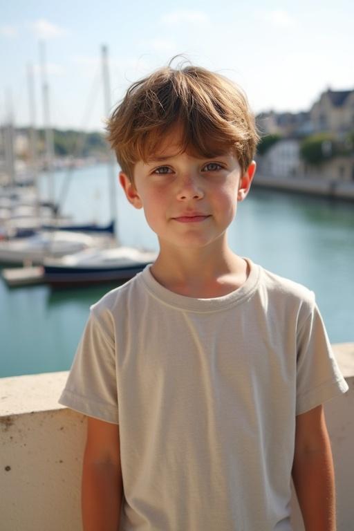 A young boy with tousled light brown hair wearing a long T-Shirt stands on a balcony. The harbor in Normandy is visible in the background. The overall atmosphere of the scene is peaceful and quiet.