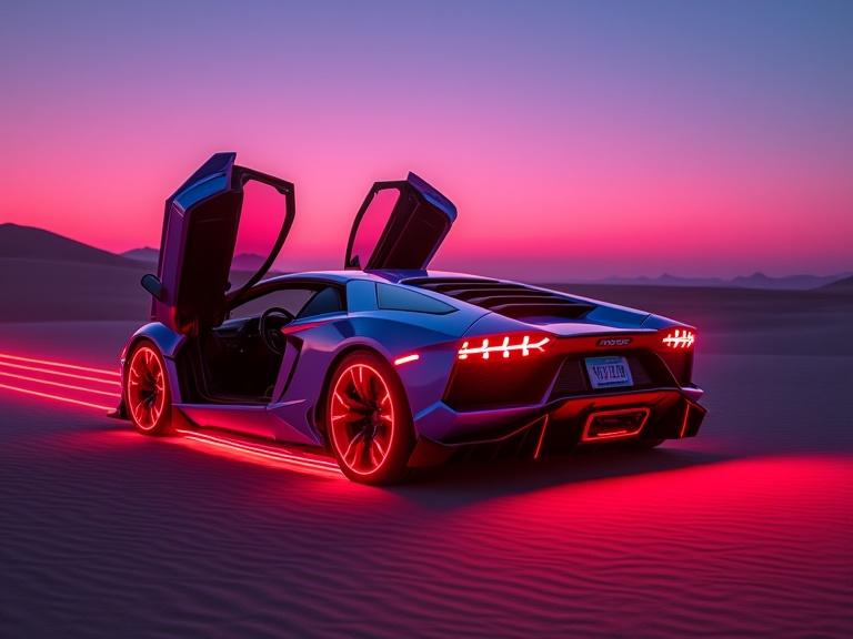 Futuristic Lamborghini in a desert landscape at sunset with deep blue and red lights. Car doors are open showing a laser light trail behind. The scene has a Cyberpunk style reminiscent of Tron.