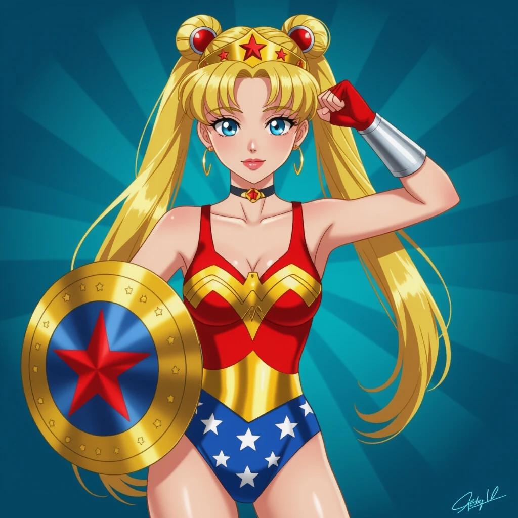 Digitally rendered illustration featuring a young adult female with fair skin and light blue eyes. Long straight blonde hair tied into two high ponytails. Wearing a superheroine costume with red and blue colors. Holding a metallic shield with a red star. Body slightly angled towards viewer. Soft pastel colors dominate the design. Background shows a modern bedroom with light wood and beige tones.