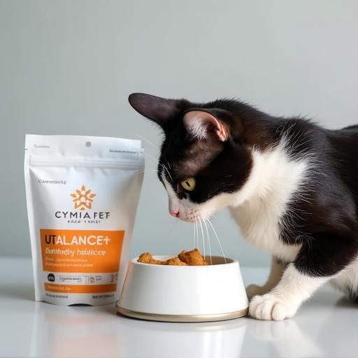 Sleek healthy cat drinking water from a clean bowl. Cymbia Pets UT Balance+ packaging visible. Focus on hydration and vitality. Crisp clean lighting.