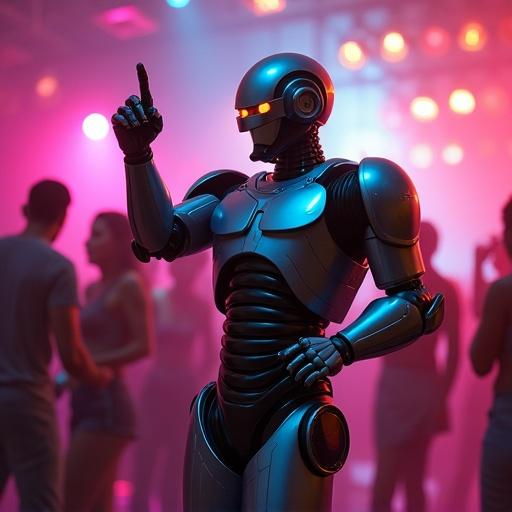 Robocop depicted in a lively disco setting. Robocop stands out among dancers. Neon lights illuminate the scene. A fun, energetic atmosphere captures the essence of disco culture.