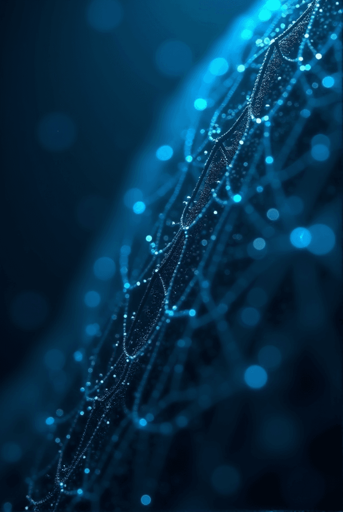 An intricate web of glowing blue nodes connected by lines, creating a mesmerizing network pattern against a dark background.