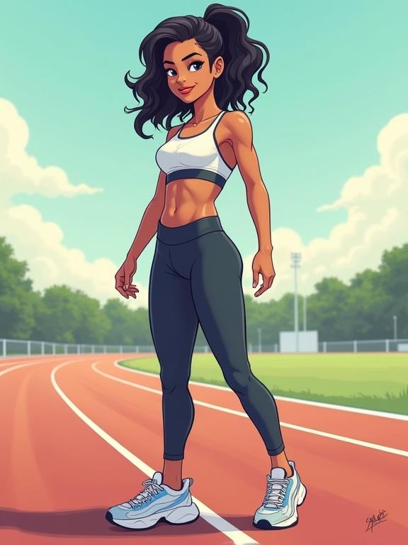 Full body portrait of a teenage girl with tanned skin. Athletic build with a heavy chest and wide hips. Black pixie haircut. Dressed in a sports bra and leggings with oversized sneakers. Set on a track field background. Bright and engaging style with smooth lines and soft lighting.