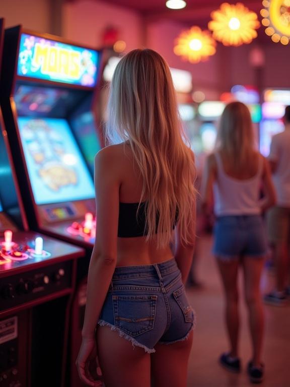 Young woman with blonde hair plays a game at an arcade. Wearing short shorts and a crop top. Colorful neon lights create a lively atmosphere. Visually appealing vintage game machines are in the background.