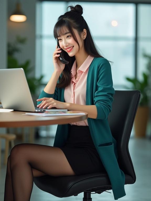 A late-20s Korean female secretary is sitting at a desk. She answers a telephone call. She wears a blush-pink blouse and a black knee-length skirt. A teal cardigan is worn with dark-brown pantyhose and black ankle-strap closed-toe pumps. Her hair is in a neat bun. Light makeup enhances her cute smile with red lips. On her desk, there is a laptop and dossiers. The scene is in an office setting with vivid lighting.
