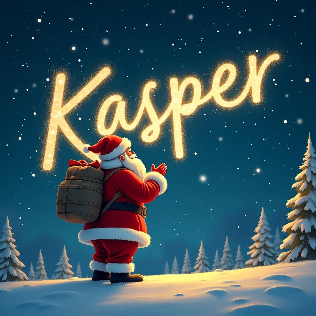 Santa writes the name Kasper in sparkling golden letters in the night sky. Christmas setting with snow and pine trees.