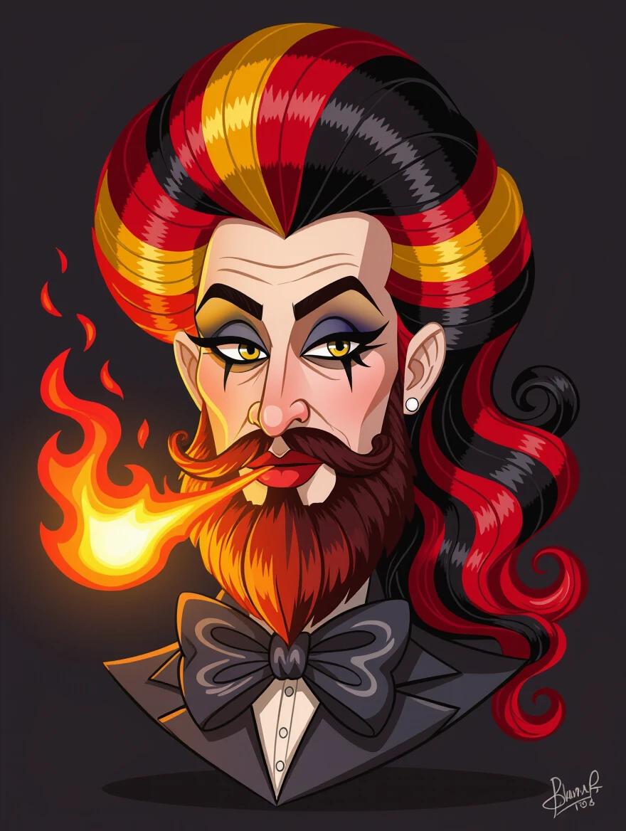 Highly stylized caricature drawing features voluminous curls of crimson and gold hair. Striking charcoal black and molten gold striped beard with a fiery match in the design. Dark shiny fabric with a decorative bow completes the outfit. Cartoon portrait with bold outlines against a solid background.