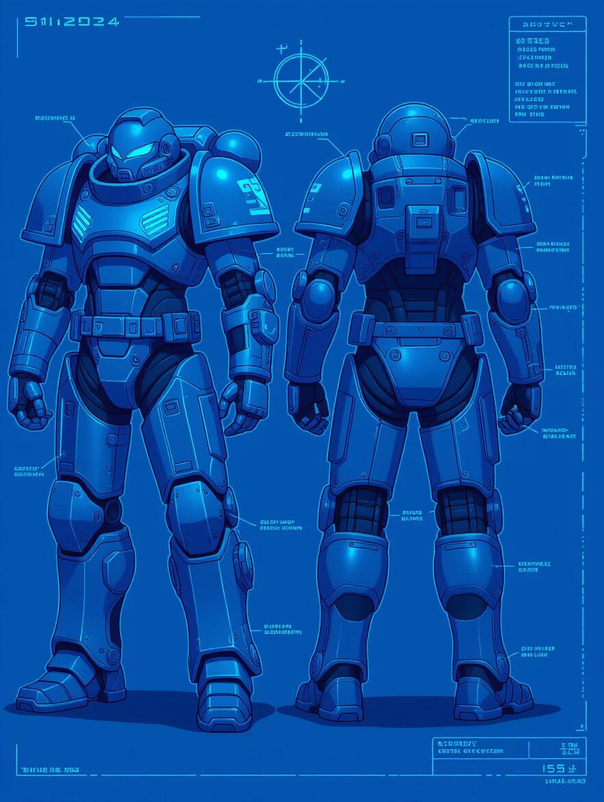 Blueprint style illustration of a sci-fi space marine armor. Depicts front and back views of the armor. Includes exploded views and detailed labels. Features industrial design with glowing neon blue accents and gunmetal gray plating. Background is steel blue. Hyperdetailed ink drawing with wireframe elements and technical specifications.