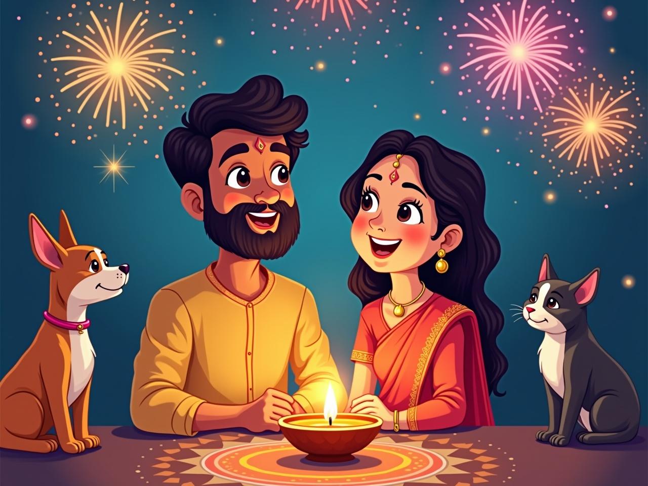 Create a cheerful and colorful caricature illustration featuring an Indian couple aged around 30, celebrating Diwali. The couple should be smiling and looking into each other's eyes, dressed in traditional attire. They are surrounded by two dogs: a light brown dog with white patches on its neck and a black Indian spitz. Also, include a cat with white and orange stripes. In front of them is a diya (lamp), symbolizing the light of Diwali, which adds to the joyful atmosphere. The backdrop should display vibrant fireworks lighting up the sky. At the top of the image, include the text 'Happy Diwali'.