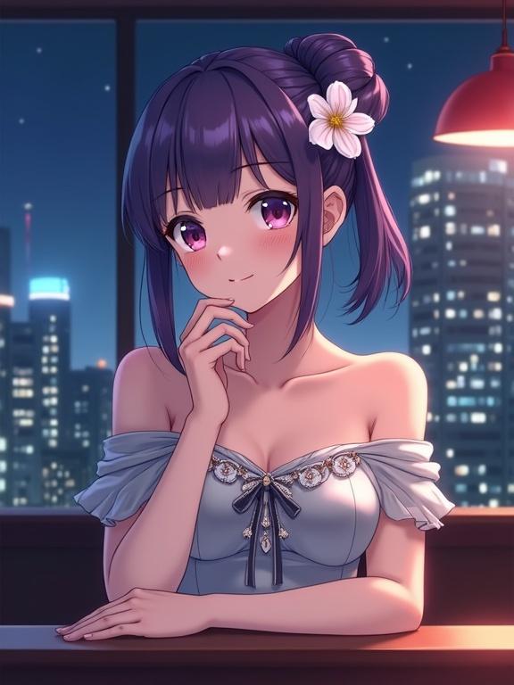 Mature adult lady at bar counter with night view. She wears off-shoulder silver dress with decoration. Violet hairstyle features white flower. Gentle expression on her face. Realistic semi-anime style.