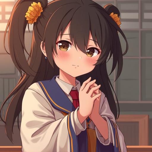 Anime girl wearing school uniform with long black hair and yellow flowers in her hair. She has an expression of innocence and is holding her hands together.