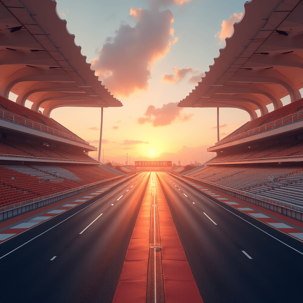 A race track with grandstands basking in the glow of a vibrant sunset.