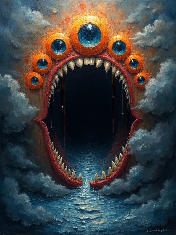 An extremely rough oil painting with a gaping mouth. Mouth lined with seven spiraling eyes. Each iris resembles a miniature eclipse. Teeth appear as cracked monoliths. Liquid shadow oozes and pools into a vortex. Mysterious atmosphere created with oil painting technique.