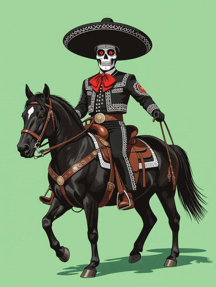 A charro rider dressed in black. The rider is mounted on a black horse with red eyes. Both have a threatening pose. The background is a flat, intense green color.