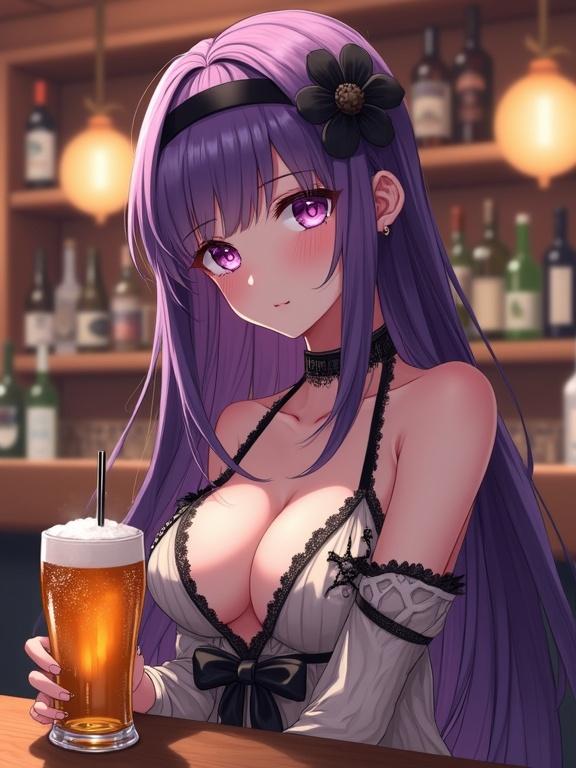Semi-anime character with long purple hair and purple eyes. Wearing a light-colored dress with black lace. Sitting at a bar with a beer glass and straw. Adding a black flower to her hair. Warm bar atmosphere with bottles in the background. Soft lighting and highly detailed digital painting.