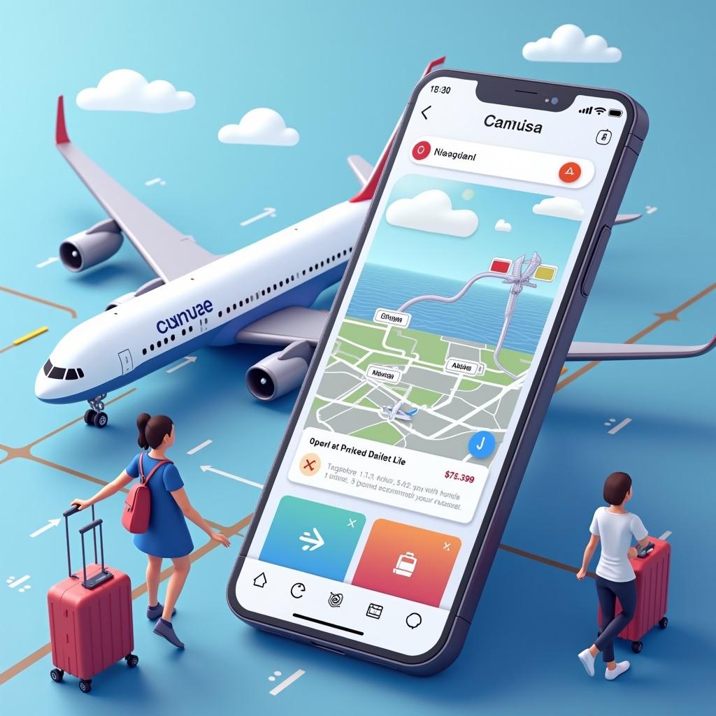 Design an airport app prototype featuring real-time flight updates, AR navigation, baggage tracking and AI-powered recommendations for passenger convenience. Show a smartphone with a travel app in the foreground next to a plane and passengers.