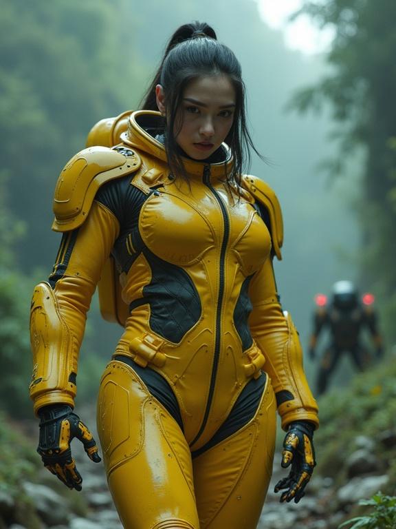 A sci-fi cinematic action scene with a young woman in a yellow mechanical spacesuit. She has pale skin and is in a dynamic pose. The background features a misty forest with alien terrain and robots.