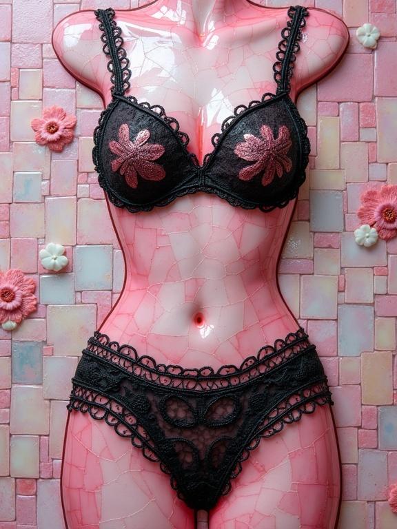 3D iridescent ceramic tile and glass mosaic. Ethereal and abstract composition featuring pink and black see-through lingerie. Encaustic mixed media artwork.
