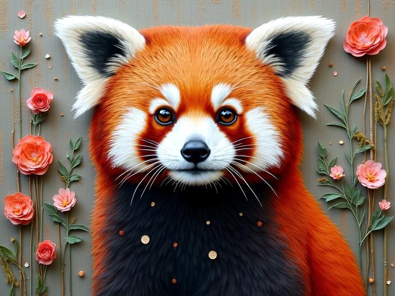 A raised embroidery portrait of a red panda among beautiful flowers. The artwork combines digital art with mixed media elements. Textural materials include jute, wood, and glittering confetti. Luminous colors create depth. The composition is modern and intricate. It showcases a stunning blend of patterns and color contrasts in a captivating manner.