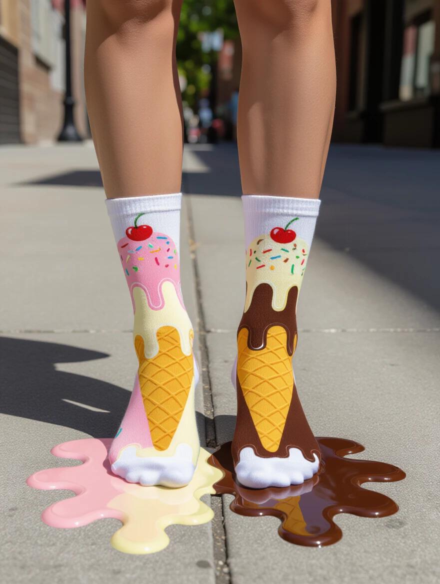 Ankle socks that look like melting ice cream cones. Socks feature waffle cone texture with strawberry, vanilla, and chocolate ice cream. Sprinkles and cherry decorate. Worn on sun-baked sidewalk with colorful puddles around feet. Bright sunlight and harsh shadows showcase the melting effect. Urban summer scene with heat haze. Low angle shot emphasizes the playful design.
