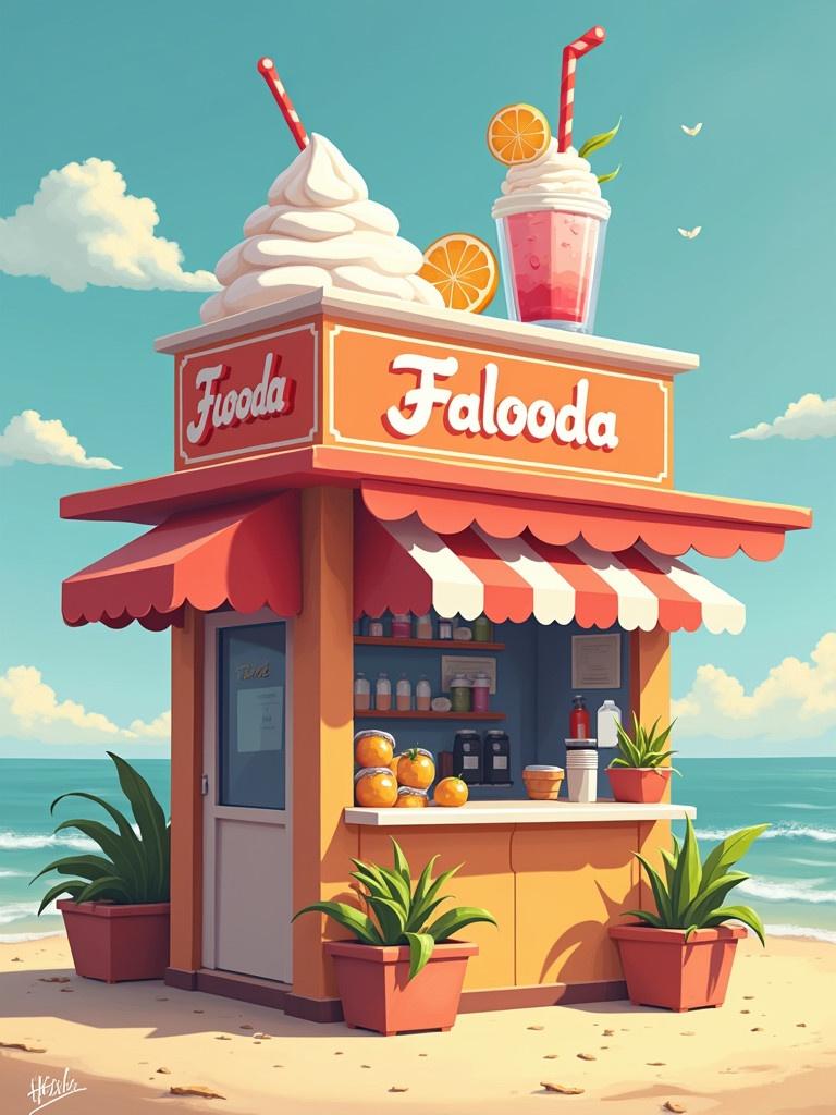 A vibrant food stall selling Falooda. Shop displays ice cream and beverages. Tropical decor with plants. Beach in the background and sunny skies. Bright colors create an inviting atmosphere.