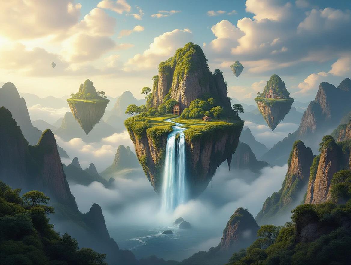 Surreal landscape features floating islands. A glowing waterfall descends from one island. Lush greenery surrounds the falls. Misty atmosphere enhances the dreamlike quality. Vivid colors vibrant skies suggest a serene time of day.