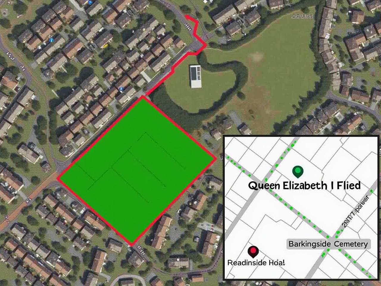 The image shows an aerial view of a suburban area. There are residential houses arranged in a grid pattern, and a large green space is outlined in red. This green space is adjacent to Queen Elizabeth II Field, which is visible in the top right section of the image. There are labeled roads and pathways connecting the houses and the green area. An inset map at the bottom right shows more details of the surrounding area, indicating the location of Barkingside Cemetery and a bus route. The overall scene depicts a combination of residential spaces and public green areas.