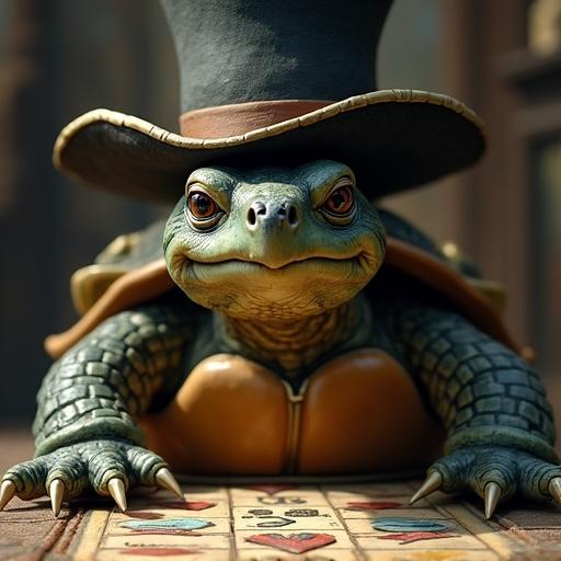 A turtle wearing a top hat plays Monopoly at a table. Candles provide warm lighting. The focus is on the turtle. The scene has a fantasy theme with board game elements.