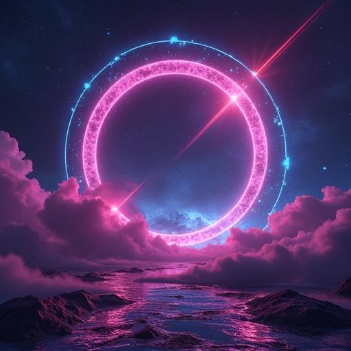 Futuristic album cover design features a colorful nebula with neon elements. Central glowing circle with rays. Surrounding clouds and reflective water surface under an expansive starry sky. Text Pulse Arena - deep house included.