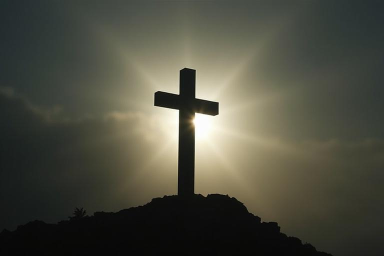 The image depicts a cross symbolizing Jesus on Mount Golgotha shrouded in mysterious light with an unseen Ark nearby.