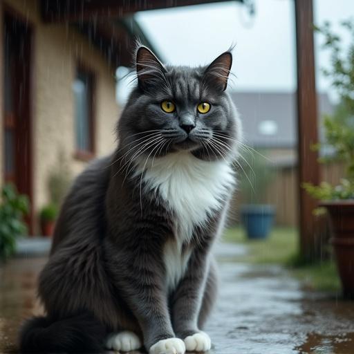 Photo of a Maine Coon cat with gray fur and white paws sitting under a roof outside during rainfall. Intense gaze at the camera with visible raindrops. Background features a rural or urban courtyard in soft focus. Photorealistic style with individual fur details and natural lighting.