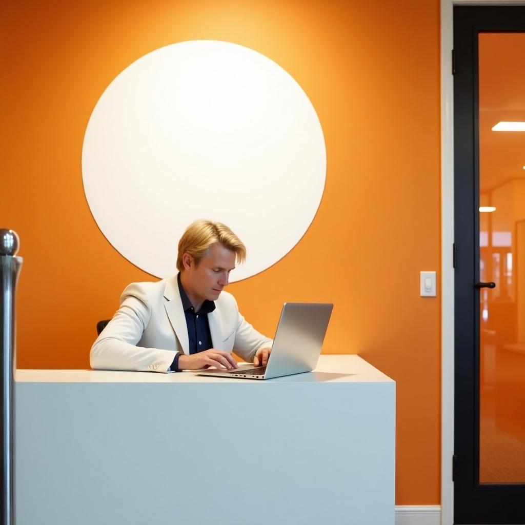 The image showcases a modern office environment. A man dressed in a white blazer is focused on his laptop. The wall behind him is painted a vibrant orange with a large white circle. The desk is sleek and white, complementing the contemporary workspace. To the right, there is a glass door providing a glimpse into the office, while a metal pole is visible on the left. Overall, the scene conveys a professional atmosphere suited for productivity and innovation.