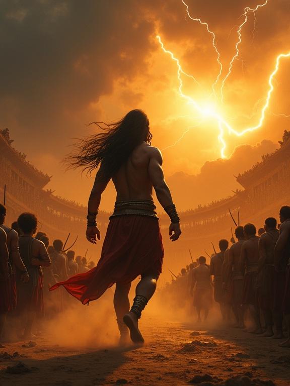 Epic Indian mythology scene. Powerful young warrior enters the grand royal arena of Hastinapura at sunset. Back view of muscular build. Long hair and ancient armor. Thousands of spectators watching in awe. Darkening sky with storm clouds. Golden sunset piercing through. Bolts of lightning cracking across the sky. Dust swirling in the wind. Tension in the air. Highly detailed and mythological atmosphere with golden-orange and dark gray lighting contrast.