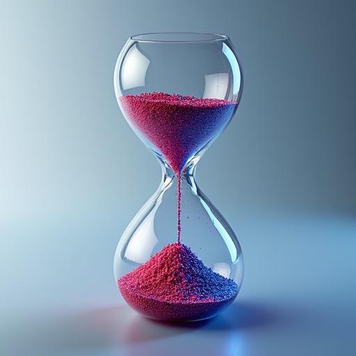 3D hourglass filled with digital red and blue particles. Particles represent heart rate and oxygen. Particles flow between chambers resembling lungs and heart.