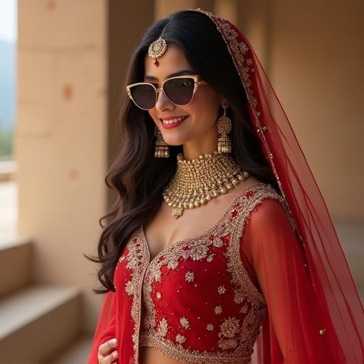 Generate a realistic image of a girl in a beautiful Indian wedding outfit. Outfit is red and gold. She has long dark hair and fair skin. Eyes are beautiful. She has a bright smile and is wearing sunglasses.