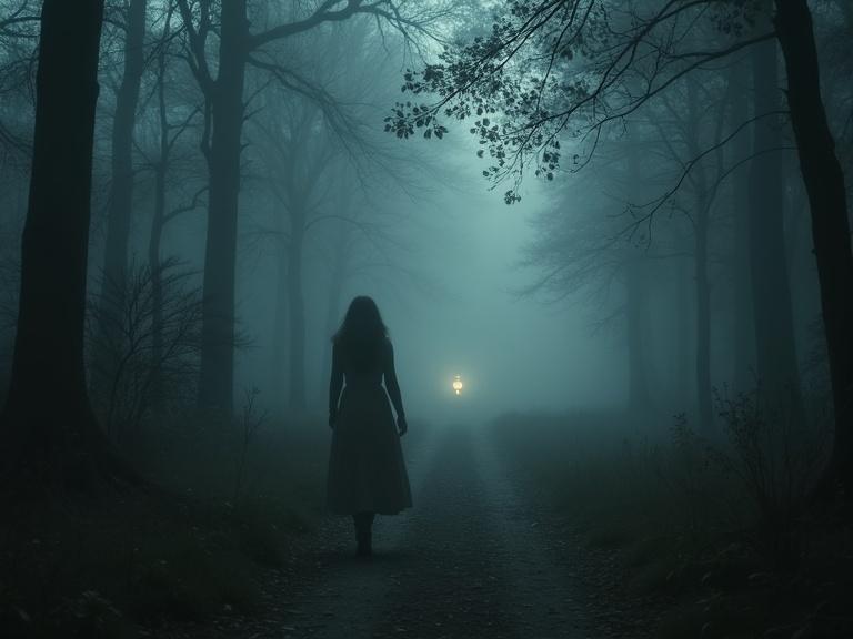 Mysterious foggy forest path winding through ancient trees. A woman walks deeper into the mist, half-visible. Shadows and light surround her. Hidden symbols of sorrow and hope in the environment — fallen feather, wilted flower, glowing lantern in the distance. Ethereal light, cinematic atmosphere, melancholic mood.