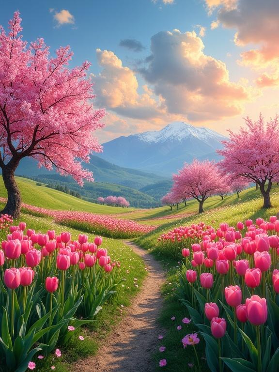 Vibrant landscape with a meadow filled with pink tulips and cherry blossom trees. The flowers grow on robust green stems. A winding dirt path leads through the flowers towards snow-capped mountains in the background. The sky is blue with fluffy clouds and warm golden sunset light. The atmosphere is serene and whimsical.