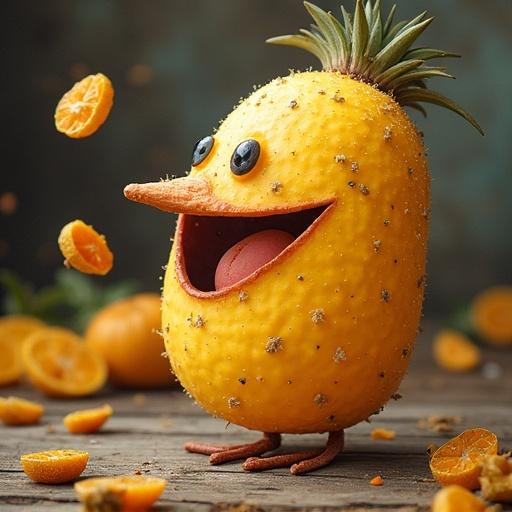 A whimsical fruit character resembling a pineapple with a beak, smiling and playfully interacting with small orange segments