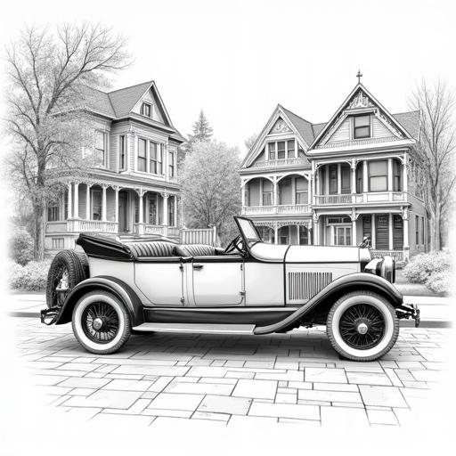 Elegant line art of a classic early 20th century open-top touring car with luxurious leather seats. Car parked on paved street with detailed Victorian townhouses. Crisp linework for the car, atmospheric background. Side and front perspective.